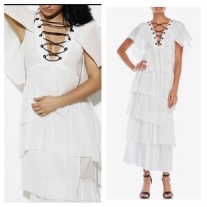 SONIA RYKIEL Couture Maxi Dress Lace Up Ruffles White BOHO Tiered Paris Designer